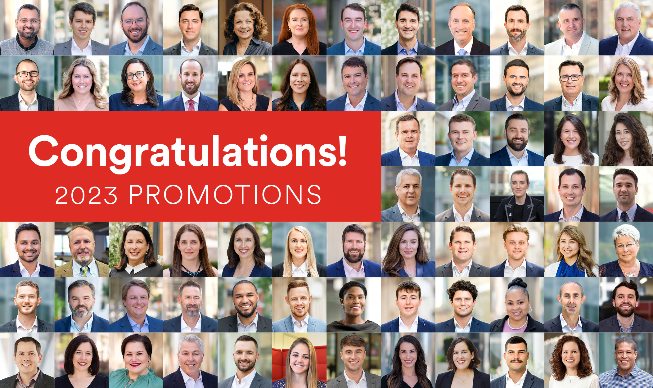 MGAC Promotions. Text reads "contragulations! 2023 Promotions" on a red banner, surrounded by staff headshots.